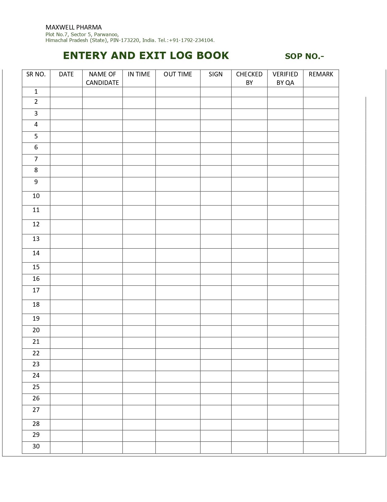Entry and Exit Log Book