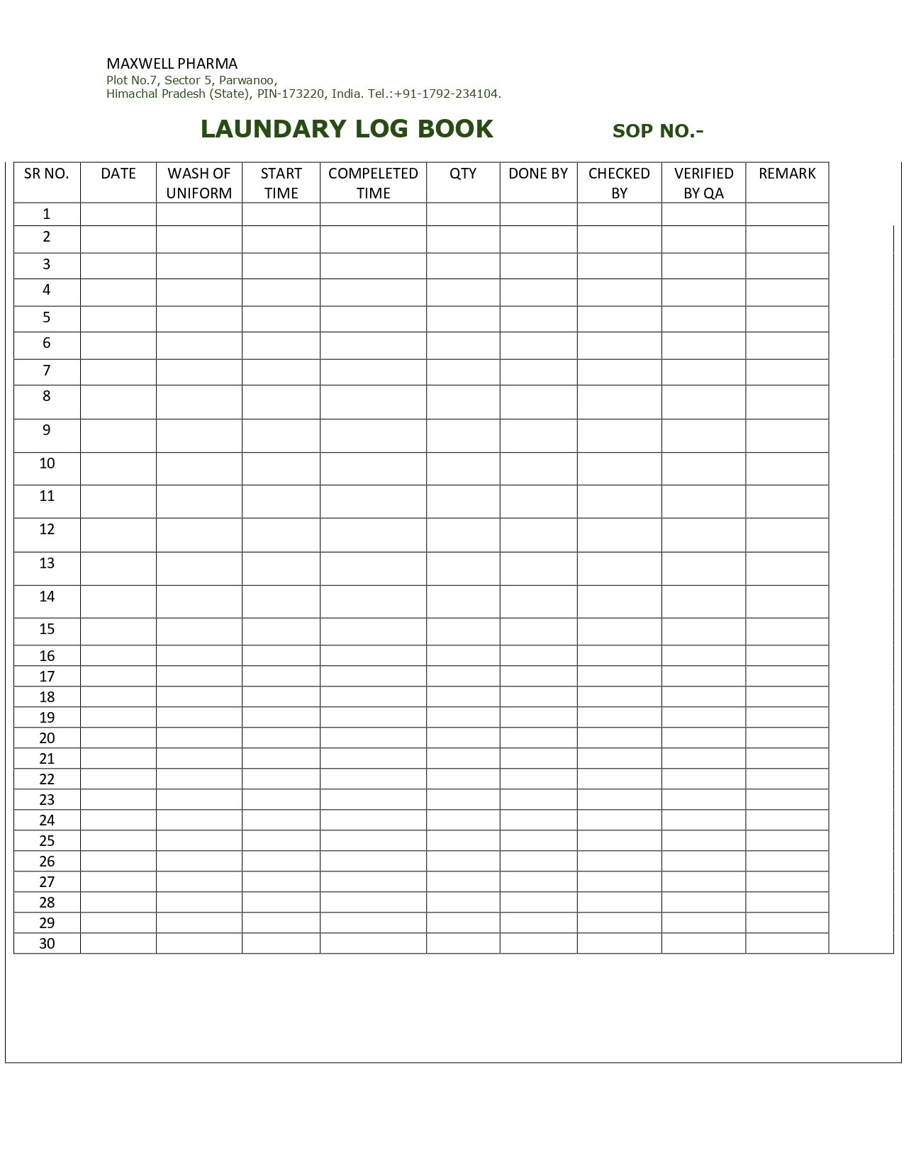 Laundary Log Book